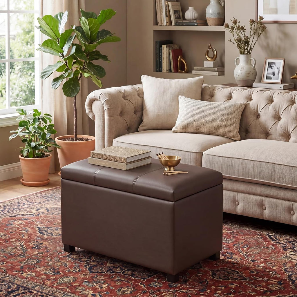 Joveco 24" Leather Storage Ottoman Bench, Rectangle Foot Rest Stool for Living Room, Bedroom, Entryway, Brown