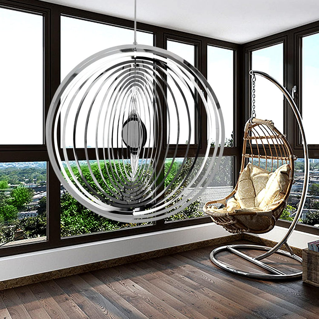 Hanging Wind Spinner Outdoor Metal Decorations, Silver Wind Spinners for Yard and Garden,3D Mirror Stainless Steel Wind Sculptur Chime Indoor Outdoor Garden Decoration Worth Gift （Round）