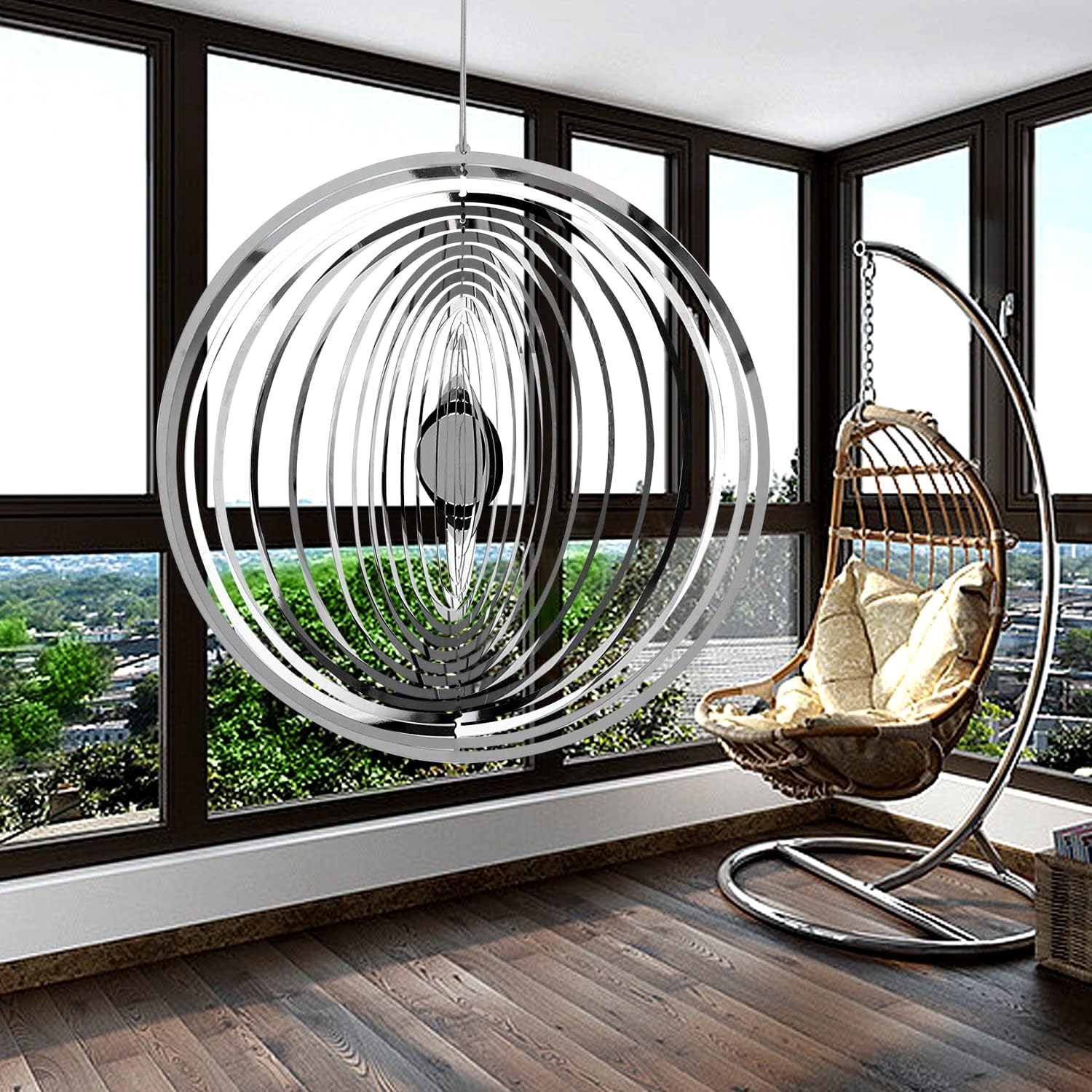 Hanging Wind Spinner Outdoor Metal Decorations, Silver Wind Spinners for Yard and Garden,3D Mirror Stainless Steel Wind Sculptur Chime Indoor Outdoor Garden Decoration Worth Gift （Round）