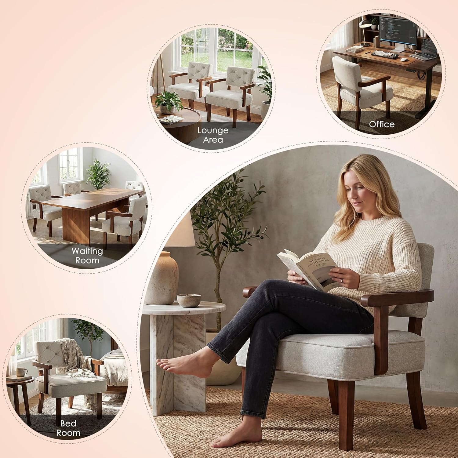 Versatile Accent Chair for Bedroom, Mid Century Modern Arm Chair, Butacas para Sala, Upholstered Wooden Chairs with Arm Rest, Tufted Backrest,Cushion, for Office, Living Room, Reading, Beige