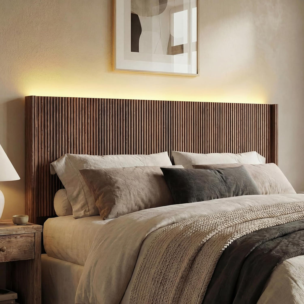 Queen Size Headboard Only, Modern Fluted Wall-Mounted Head Board with Lighting, Boho Wood Bed headboard Stylish Bedroom Decor, Espresso