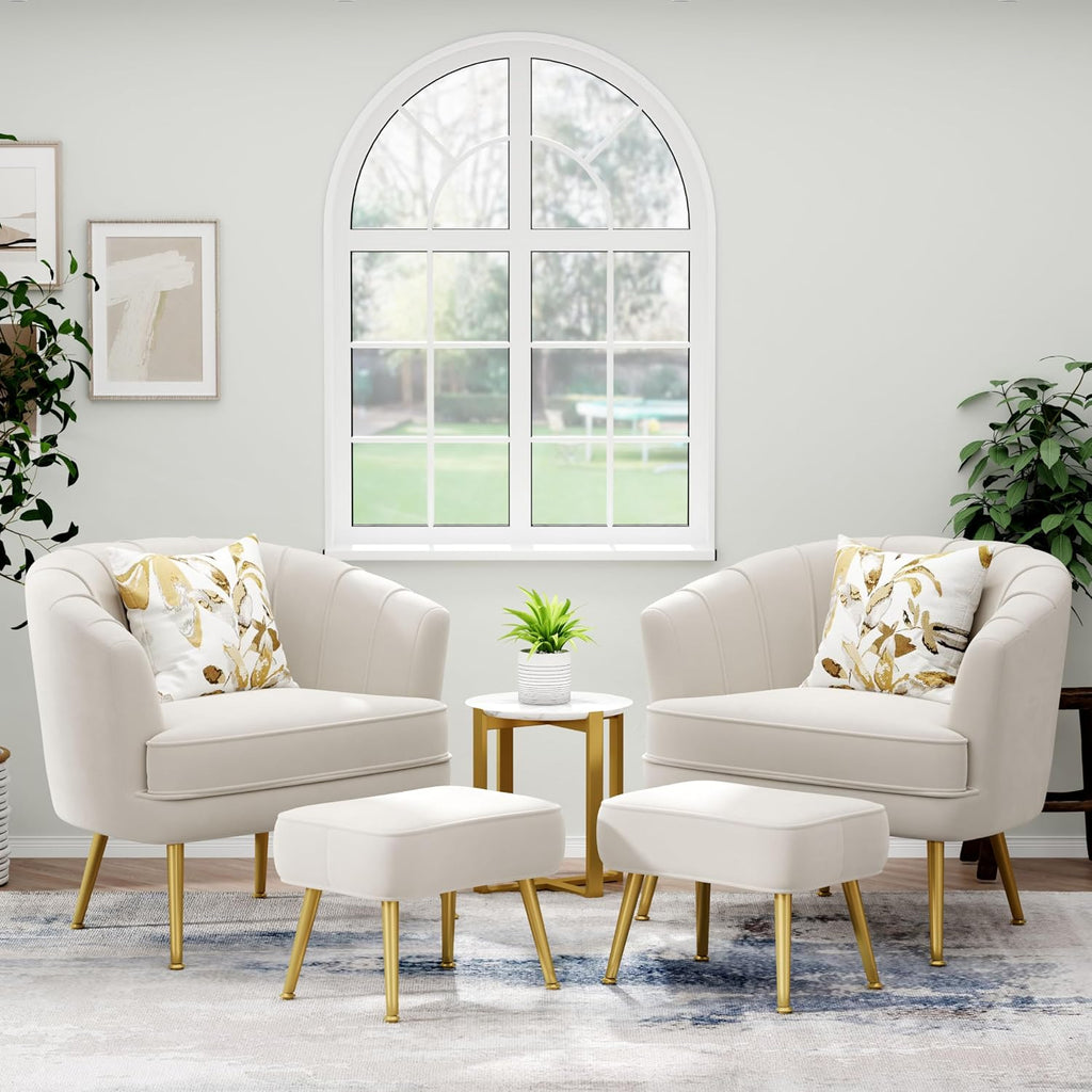 Andeworld Velvet Accent Chair with Ottoman, Barrel Armchair, Beige | Velvet Upholstery Side Chair, Includes Ottoman, Golden Metal Legs, 350 Lb Capacity, Living Room Bedroom Office