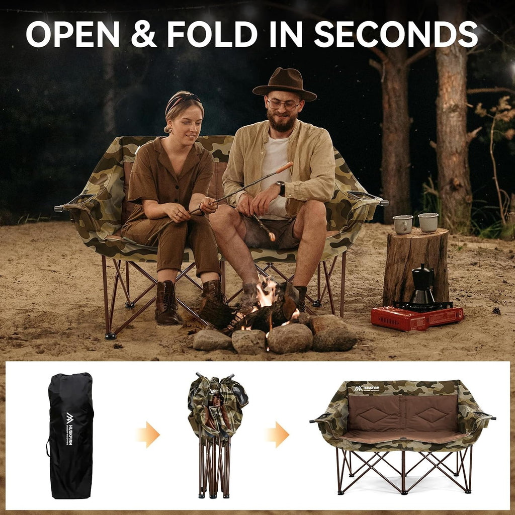 Double Camping Chairs Oversized Loveseat - 2 Person Camping Chair Portable Lawn Folding Chair for Outside Adults - Heavy Duty Outdoor Camping Couch with Cup Hold, Camouflage
