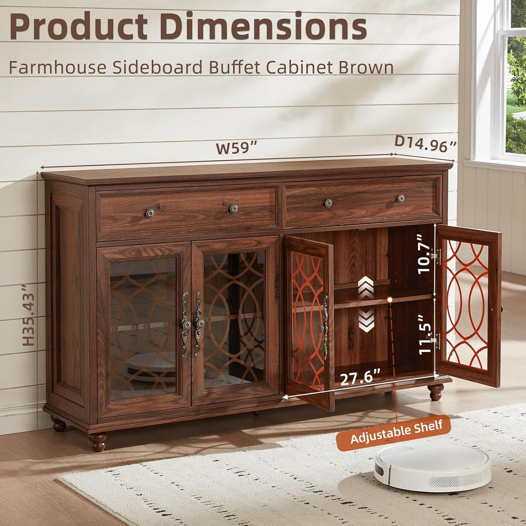 Joaxswe Farmhouse Sideboard Buffet Cabinet with Storage,59" Large Credenza with 4 Glass Doors & 2 Drawers,Adjustable Shelves Console Table,Wood Kitchen Coffee Bar for Dining Room,Living Room,Brown