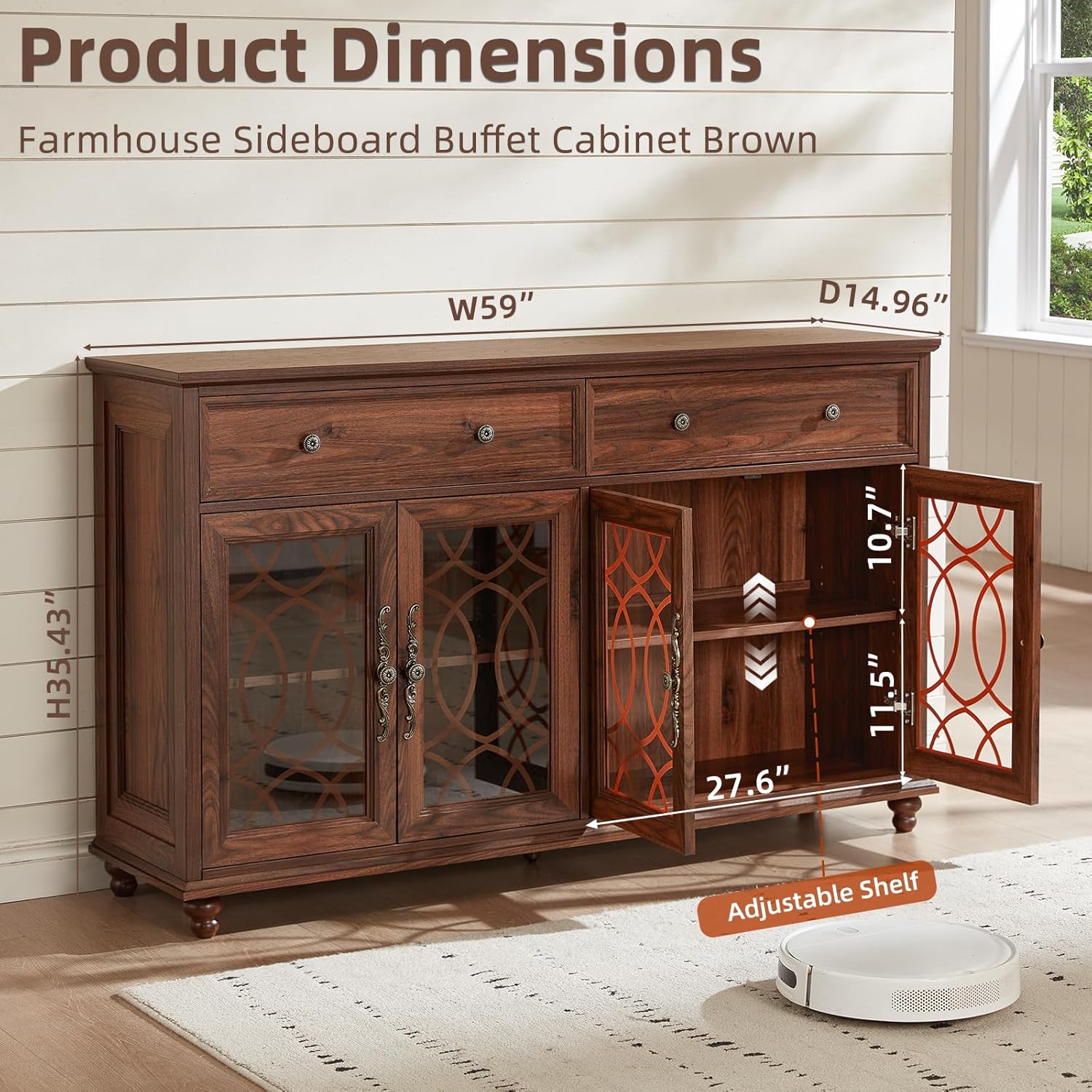 Joaxswe Farmhouse Sideboard Buffet Cabinet with Storage,59" Large Credenza with 4 Glass Doors & 2 Drawers,Adjustable Shelves Console Table,Wood Kitchen Coffee Bar for Dining Room,Living Room,Brown