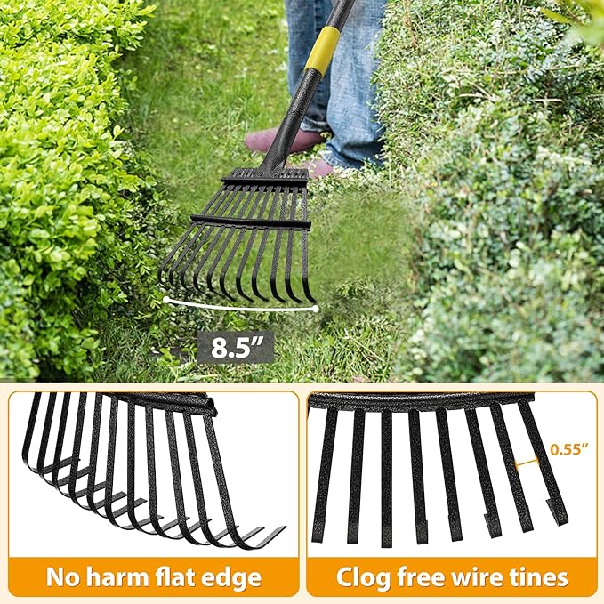 Rake for Leaves, Leaf Garden Rake, Yard Rakes for Lawns Heavy Duty, Metal Tools with 9" Small Narrow Head, 37”-79” Adjustable Long Handle, 11 Steel Tines, Quick Clean up Tool for Shrub, Camping