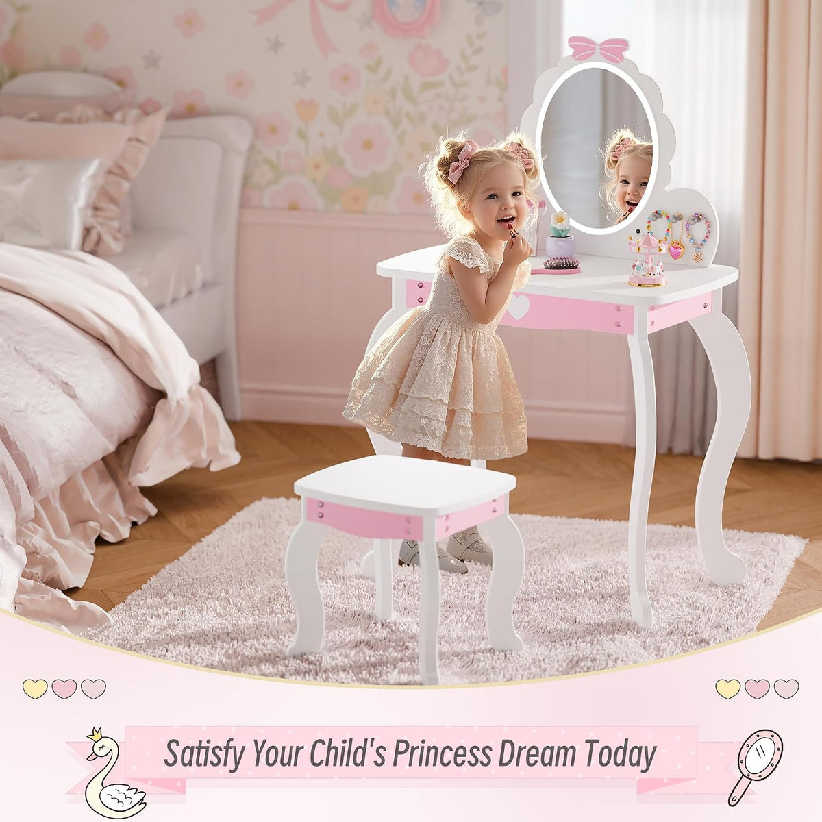 MU Kids Vanity Set with Lighted Mirror and Stool, Kids Makeup Vanity Desk with Storage Space, Bow Pattern for Girls, Toddler Princess Makeup Dressing Table with Chair Set, White