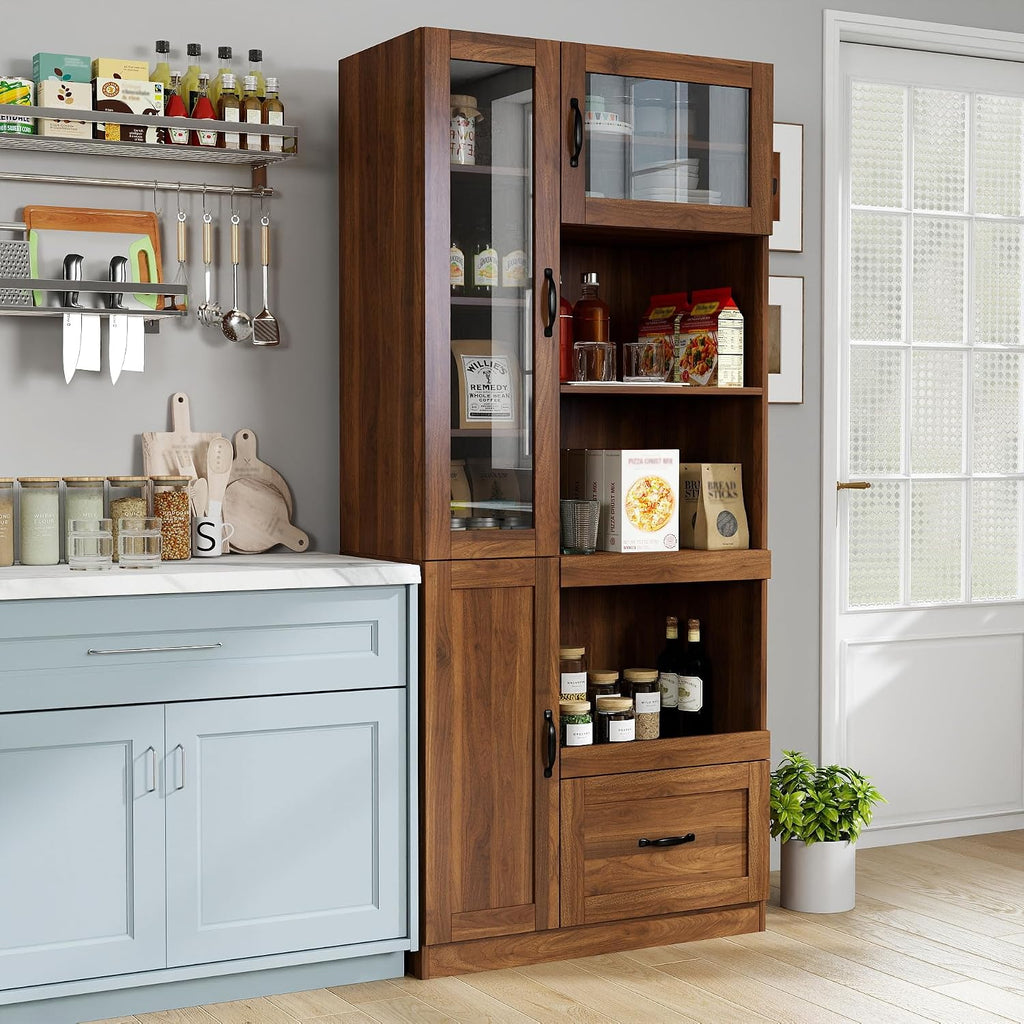 70.87" Tall Kitchen Pantry Storage Cabinet with Pull-out Trays, Farmhouse Hutch Cupboard with 3 Doors, Open Shelves and Drawer, Coffee Bar Cabinet with Microwave Stand for Dining Room, Coffee Bar