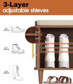 Akxomel Rattan Shoe Storage Bench with Cushion, 2-Tier Entryway Bench with Adjustable Shelves and 2 Doors, 15" D x 39.4" W x 20" H, Solid Wood Legs, for Hallway, Living Room, Bedroom, Walnut