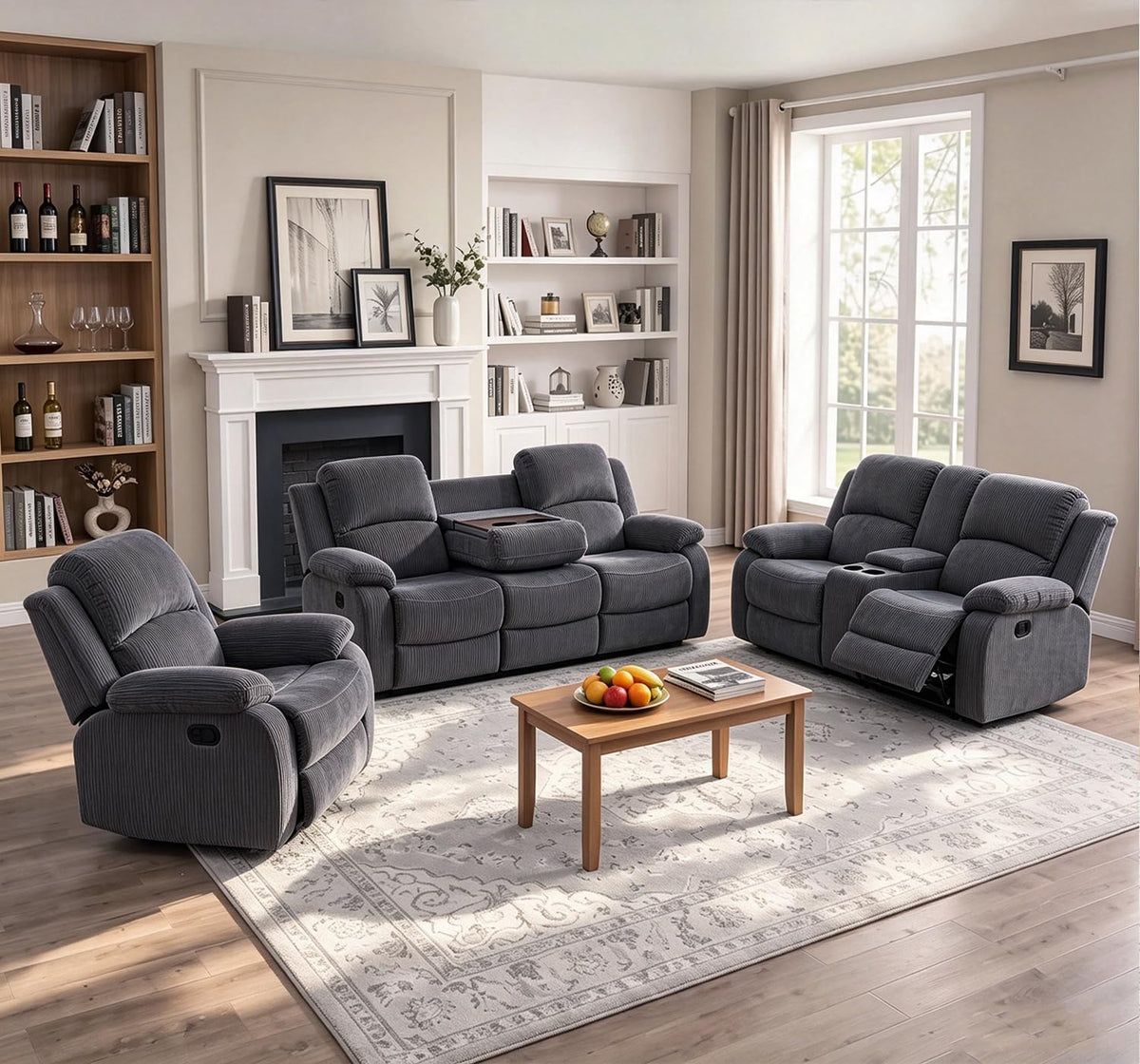 Leather Recliner Sofa Set for Living Room Furniture Sets,Dark Gray Reclining Couch Set for Living Room/Office/Theater Seating(3 Pieces Set)