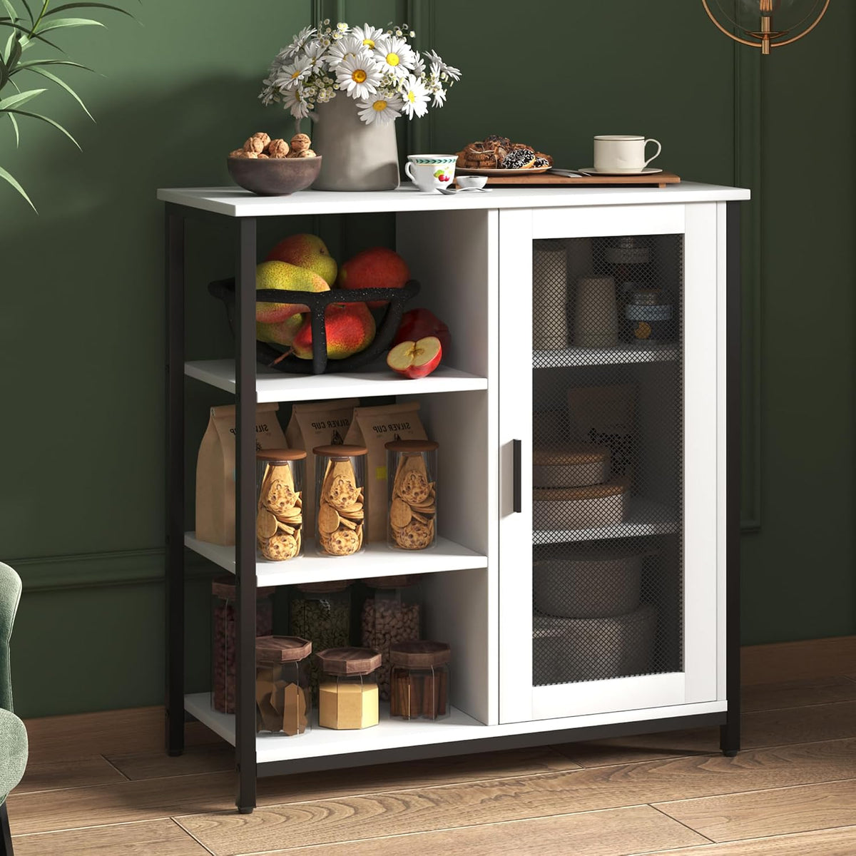 LVSOMT Coffee Bar Cabinet with Adjustable Shelves and Door, Rustic White | 27.5'' Small Coffee Station with Table, Mini Sideboard Buffet, Iron Wood Frame, 3-Tier, for Tea, Dishes, Snacks, Home Kitchen