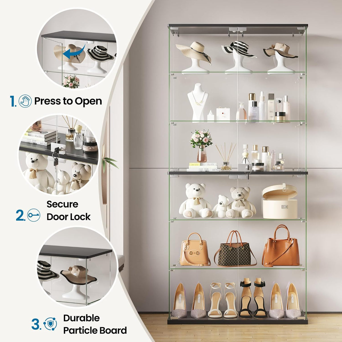 Dystler 6-Tier Glass Display Cabinet, RGB LED Lights for Collectibles