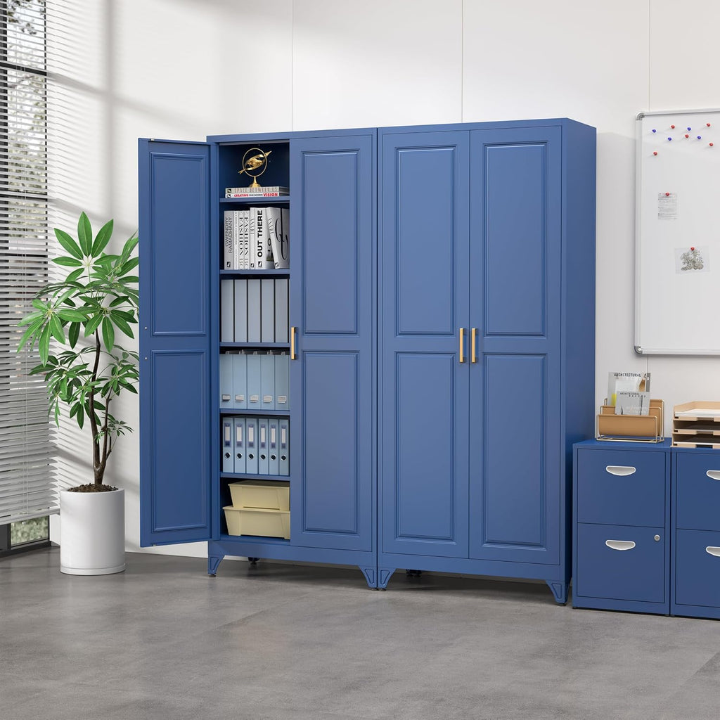 SteeLoong 75”Metal Pantry Storage Cabinet with Doors & 5 Adjustable Shelves | Kitchen Pantry Cabinet,Blue Kitchen Cabinet with 2 Gold Handles,Tall Cabinet for Livingroom,Pantry, Bathroom,Kitchen,Garage