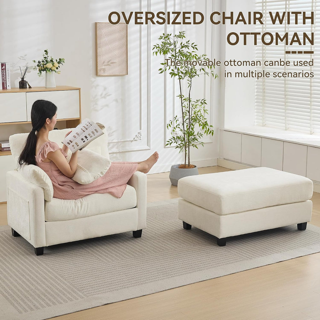 WUTUTUEE 57.5" Oversized Chaise Lounge with Ottoman Indoor, White Reading Chair with Ottoman & Sofa Bed, Chenille Upholstered Comfy Sleeper Chair for Living Room, Bedroom, Office