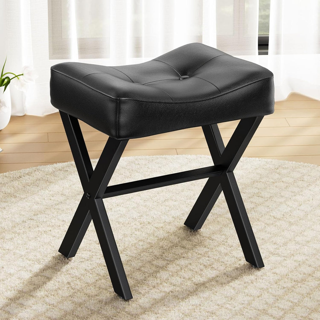 Memobarco 18-Inch Leather Vanity Stool Chair, Vanity Bench with Metal X-Leg, Ottoman Accent Stool with Thick Padded Saddle Seat, Black
