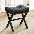 Memobarco 18-Inch Leather Vanity Stool Chair, Vanity Bench with Metal X-Leg, Ottoman Accent Stool with Thick Padded Saddle Seat, Black