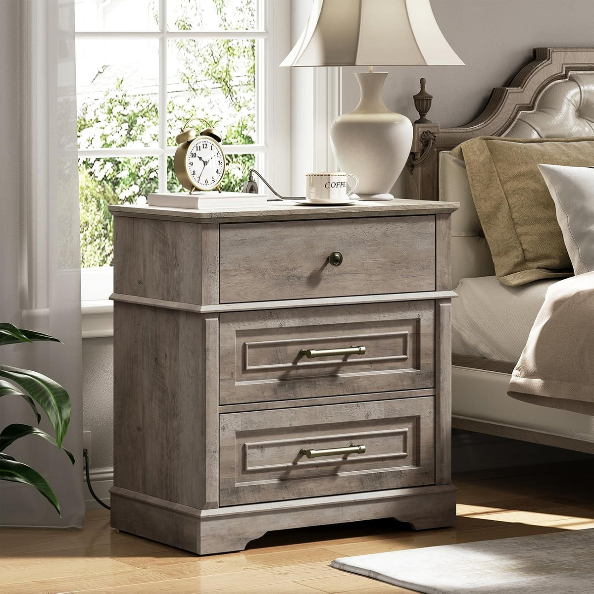 RALGEND 3 Drawer Tall Nightstand with Charging Station, Farmhouse Bedside Table, 27.6" W x 29.5" H, Wide End Table for Bedroom Living Room, End Tables with Charging Station, Greige