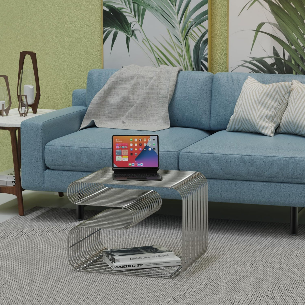 N-Shape Retro Side Table, Accent Bedside Table for Living Room, Stainless Steel Linear Metal Small End Table, Iron Multi-Purpose Desktop Shelf, (Silver)