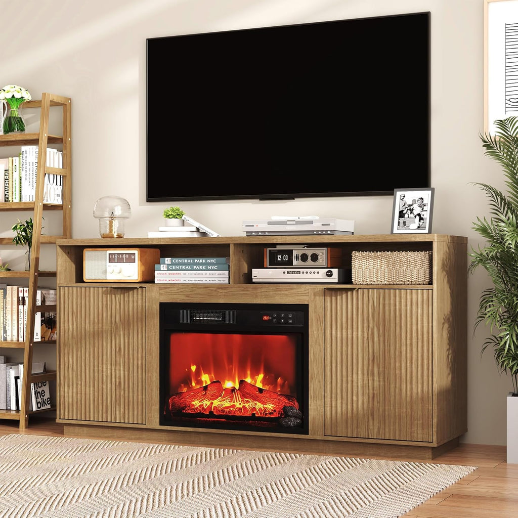 4-Piece Fluted Living Room Set Includes 31.5" Fluted Lift Top Coffee Table,59" Fluted Fireplace TV Stand for TVs Up to 70 inches and 2 Fluted Nightstands with Drawers,Natural Oak