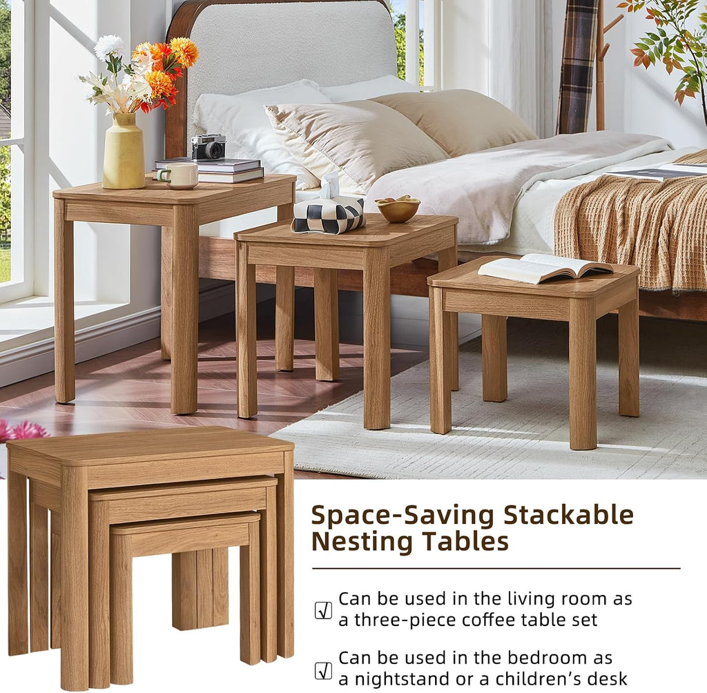 Joaxswe Farmhouse Nesting Tables Set of 3, Brown | Nesting Side Tables with Rounded Corners & 4 Thickened Table Legs & Foldable
