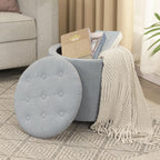 Adeco Round Storage Ottoman with Wheels, Tufted Linen Upholstered Rolling Footstool & Foot Rest for Living Room, Bedroom, Light Gray, 17.3 Inch