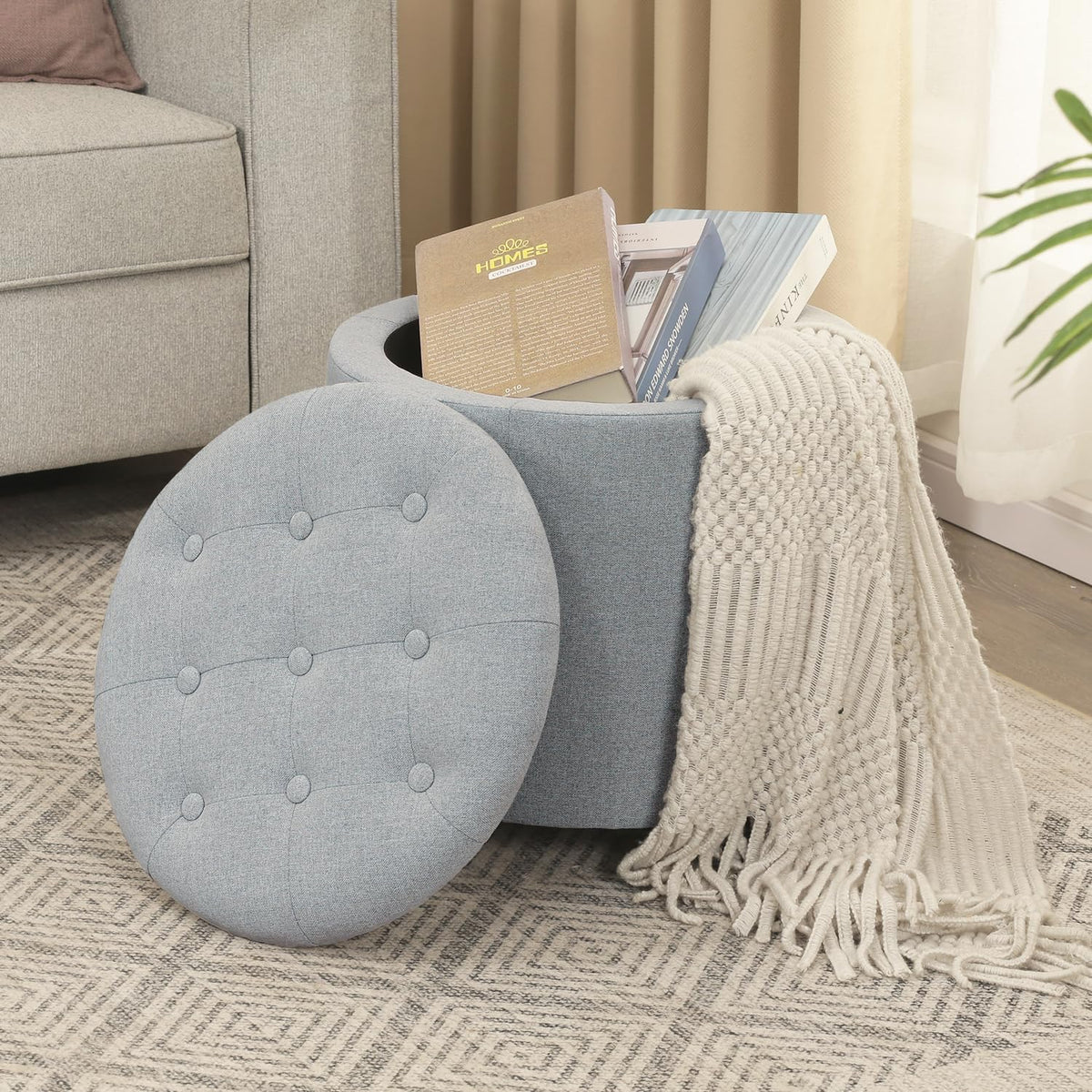 Adeco Round Storage Ottoman with Wheels, Tufted Linen Upholstered Rolling Footstool & Foot Rest for Living Room, Bedroom, Light Gray, 17.3 Inch