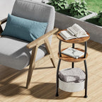 Round Side Table for Small Spaces with Storage Basket –Small End Table 3-Tier Night Stand Sofa Corner Table for Living Room, Bedroom, Patio and More 24in Tall Rustic Brown