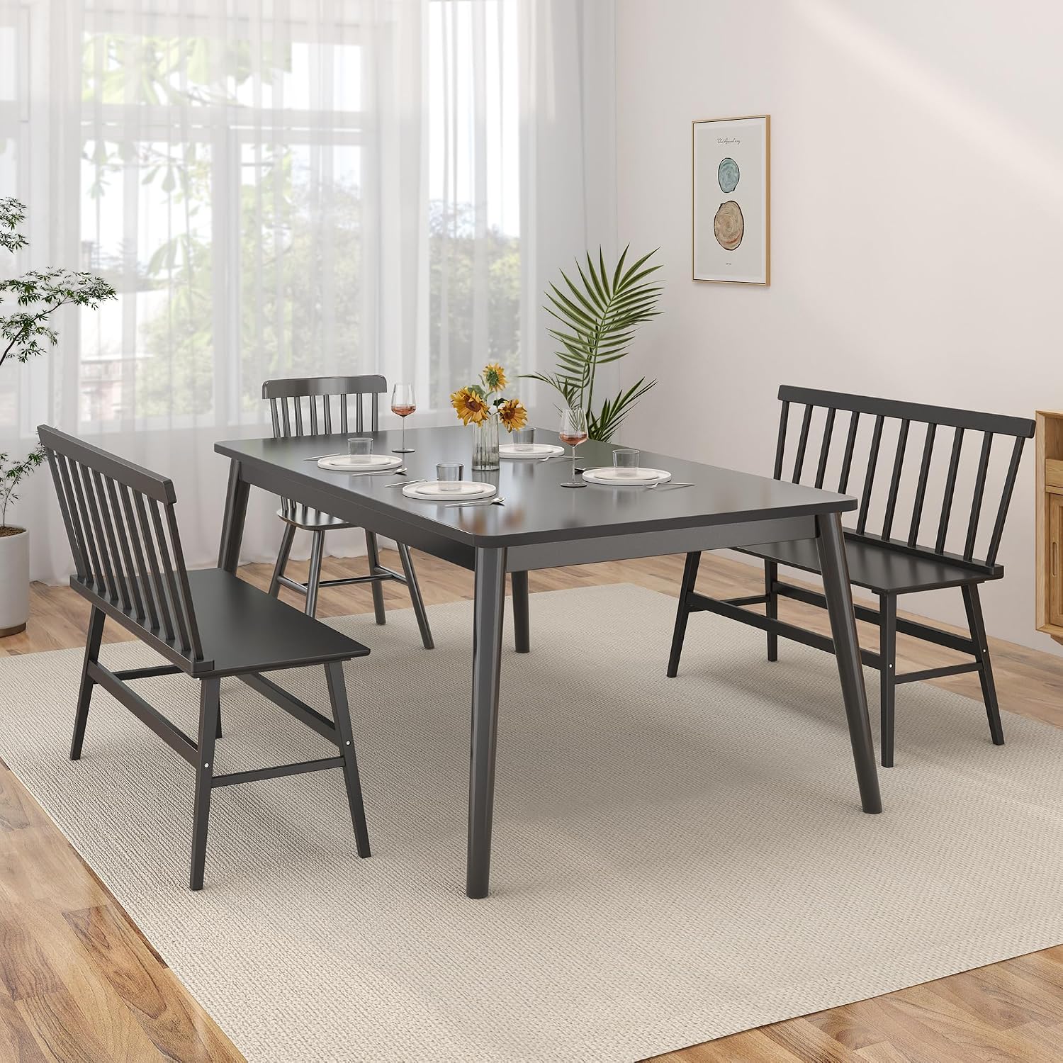 Wisuce Bamboo Dining Bench, Entryway Bench with Spindle Back (Black) | Bamboo & H-Shaped Support, Ergonomic Tilted Spindle Back, Multi-Scene Use, Easy Assembly & Maintenance