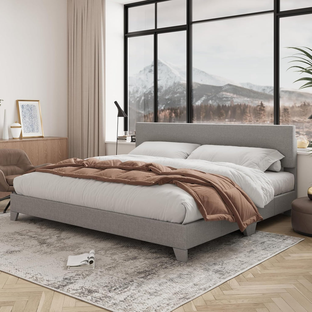 Allewie King Size Upholstered Bed Frame Adjustable Headboard, Light Grey