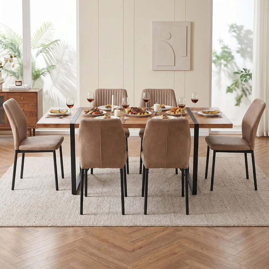 Dining Chairs Set of 6, Beige PU Leather Dining Chairs, Comfortable Upholstered Armless Kitchen Chairs with Black Metal Legs for Living Room, Dining Room, Kitchen