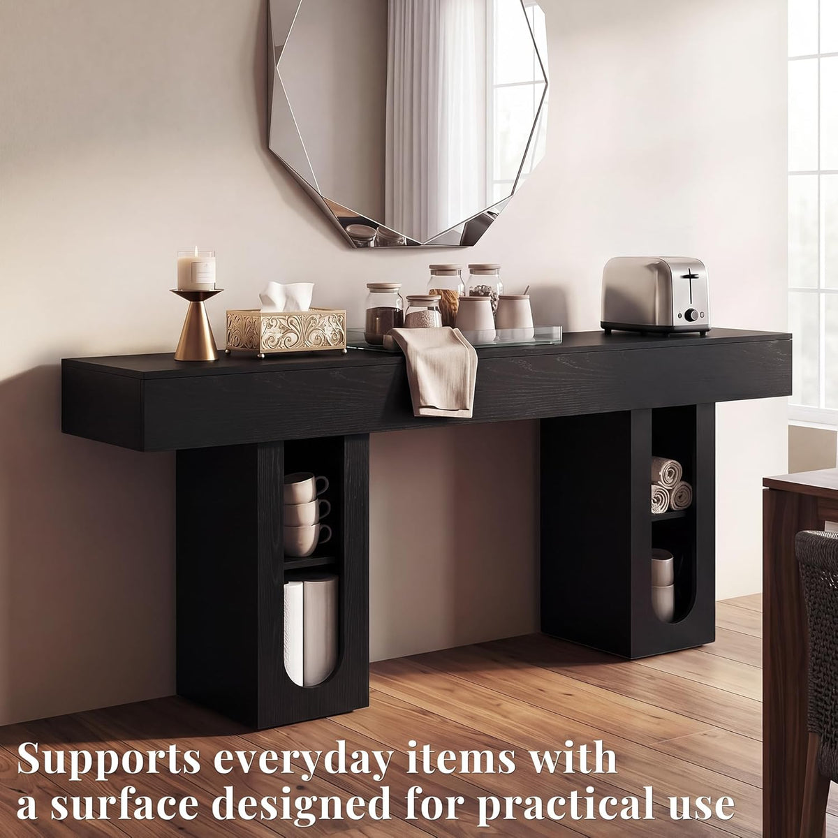 71" Entryway Console Table with Outlets & Storage-Black | 5.9" Thick Top,Zero Wobble,Behind Large Couch,Extra Long,Anti-Tip,Modern Farmhouse,Dense MDF,Living Room,Hallway,300lbs Load