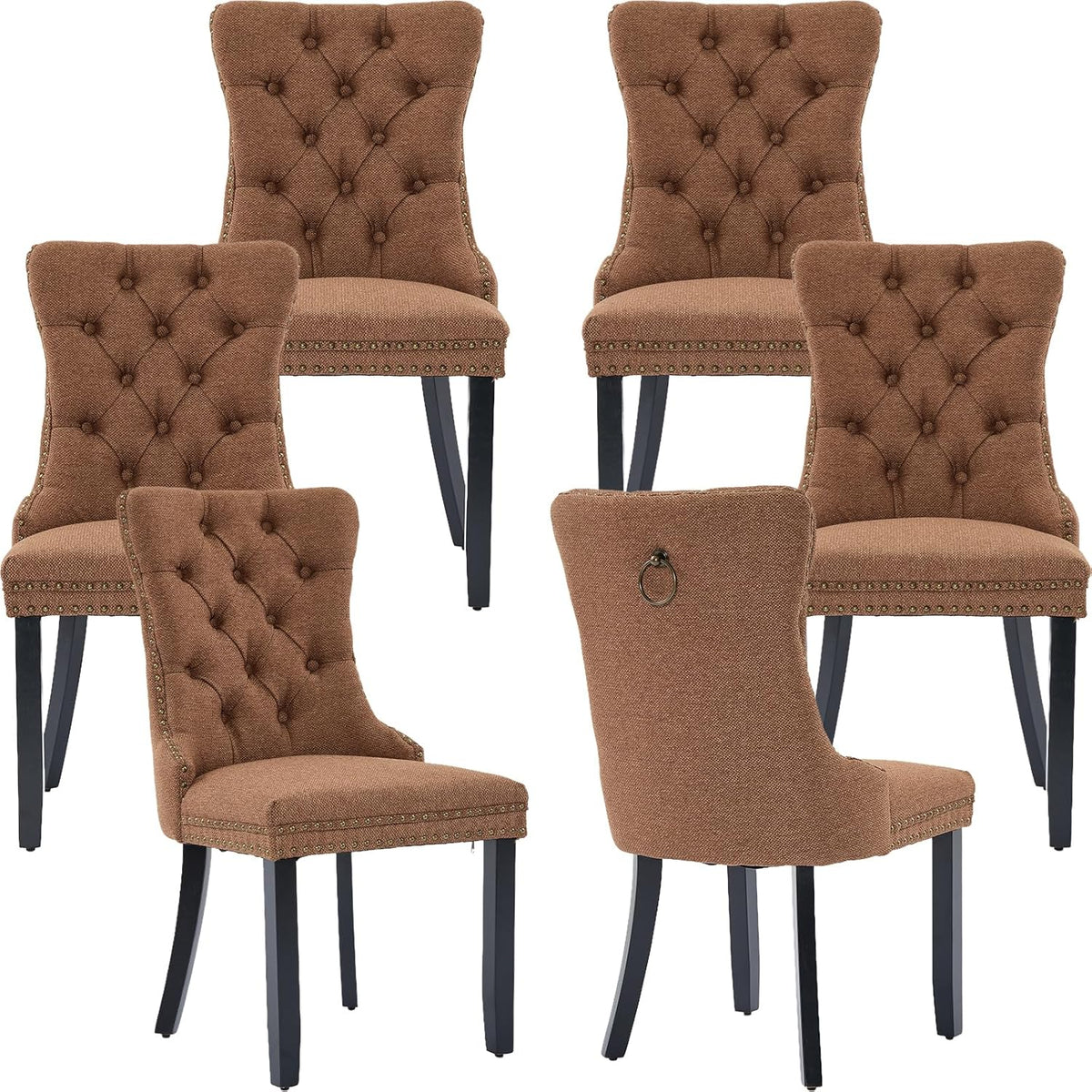 Linen Upholstered Dining Chairs Set of 6, Espresso Brown Mid Century Modern Dining Chairs, Kitchen & Dining Room Chairs with Wood Legs, Sillas de Comedor (Coffee, 6 Pcs)