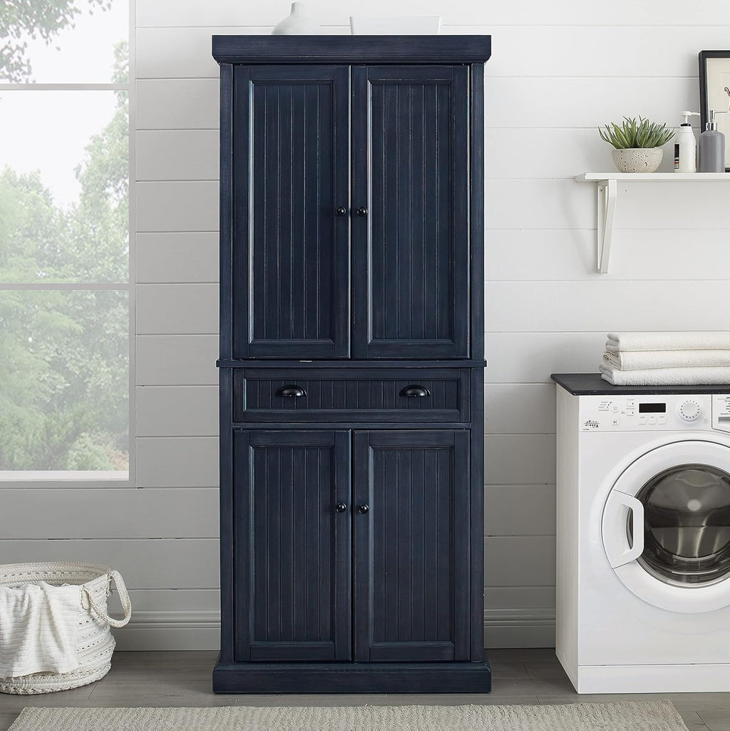 Crosley Furniture Seaside Coastal Pantry Storage Cabinet with Shelves, Kitchen, Dining, or Laundry Room, Distressed Navy