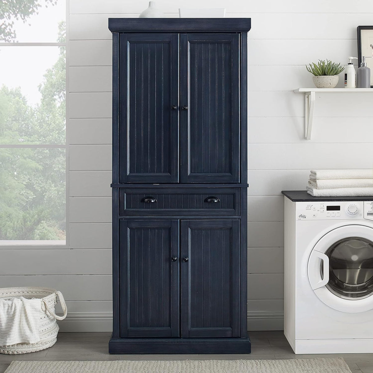 Crosley Furniture Seaside Coastal Pantry Storage Cabinet with Shelves, Kitchen, Dining, or Laundry Room, Distressed Navy