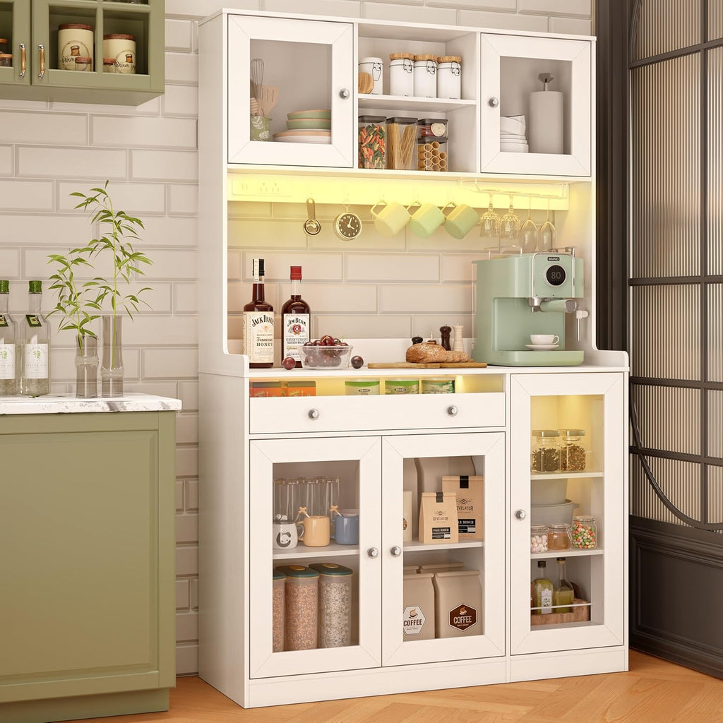 Korfile 71" Pantry Cabinet, Tall Kitchen Pantry Cabinet with Charging Station & LED Light, Kitchen Hutch with Wine Rack, Pantry Storage Cabinets with Microwave Stand for Dining Room, White