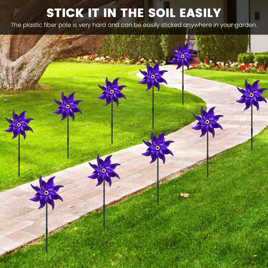 10 PCS Reflective Pinwheels for Yard and Garden Bird Devices Pre-Installed Sparkly Wind Spinner Deterrent to Scare Birds Away from Yard Patio Farm (Purple)
