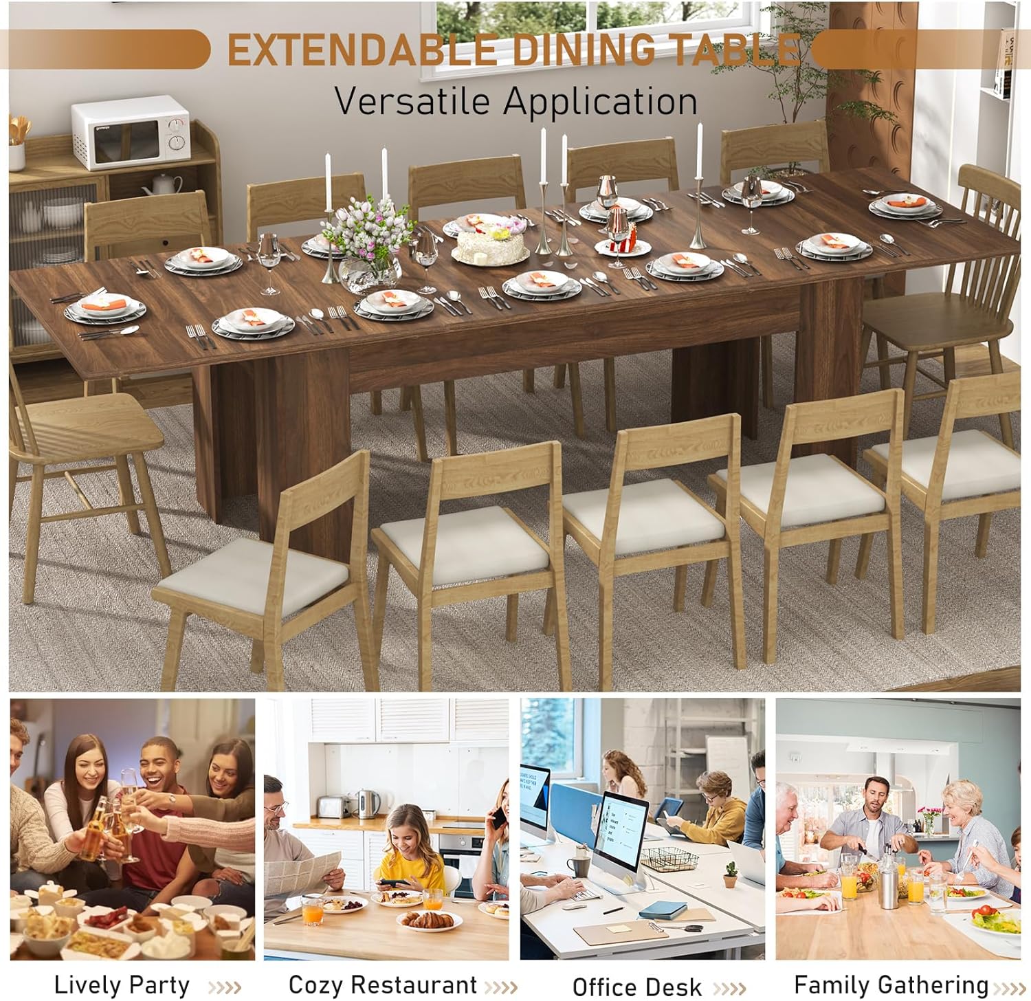 70.8"-110" Extendable Dining Table for 6-12 Person, Wooden Dining Room Table, Modern Extendable Table for Gatherings, Meeting for Small Kitchens, Dining Office Areas(Walnut)