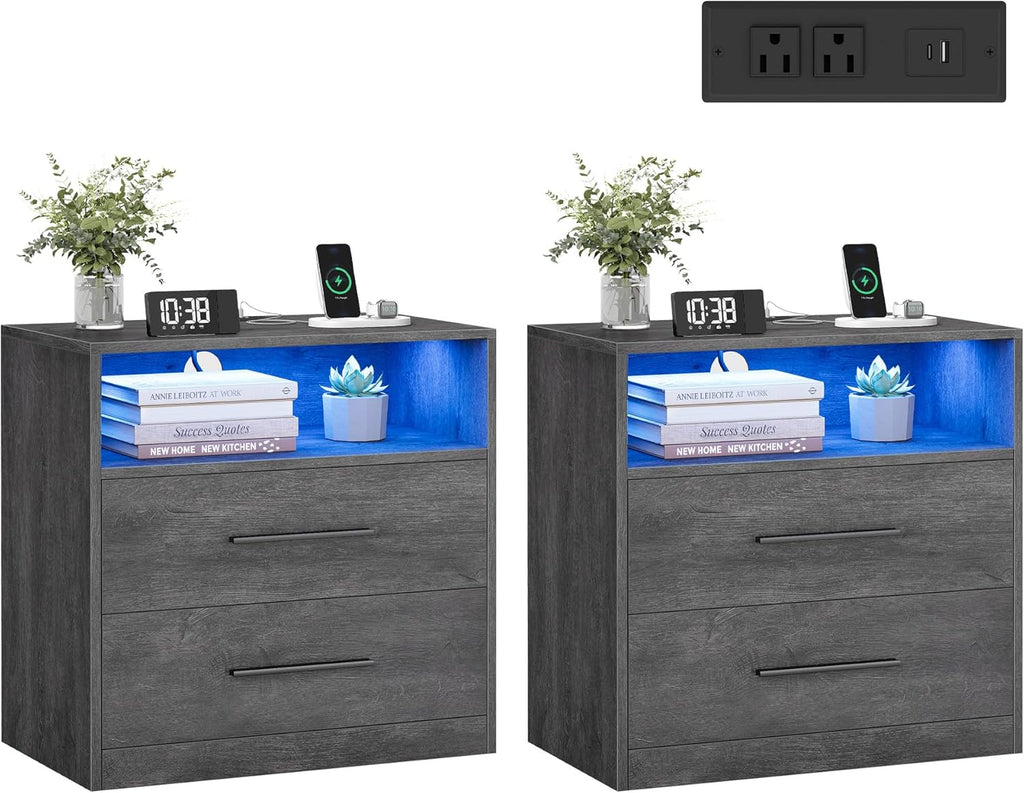 VASAGLE 23.6‑Inch Wide Nightstands, Set of 2, LED Lights, 2 Drawers