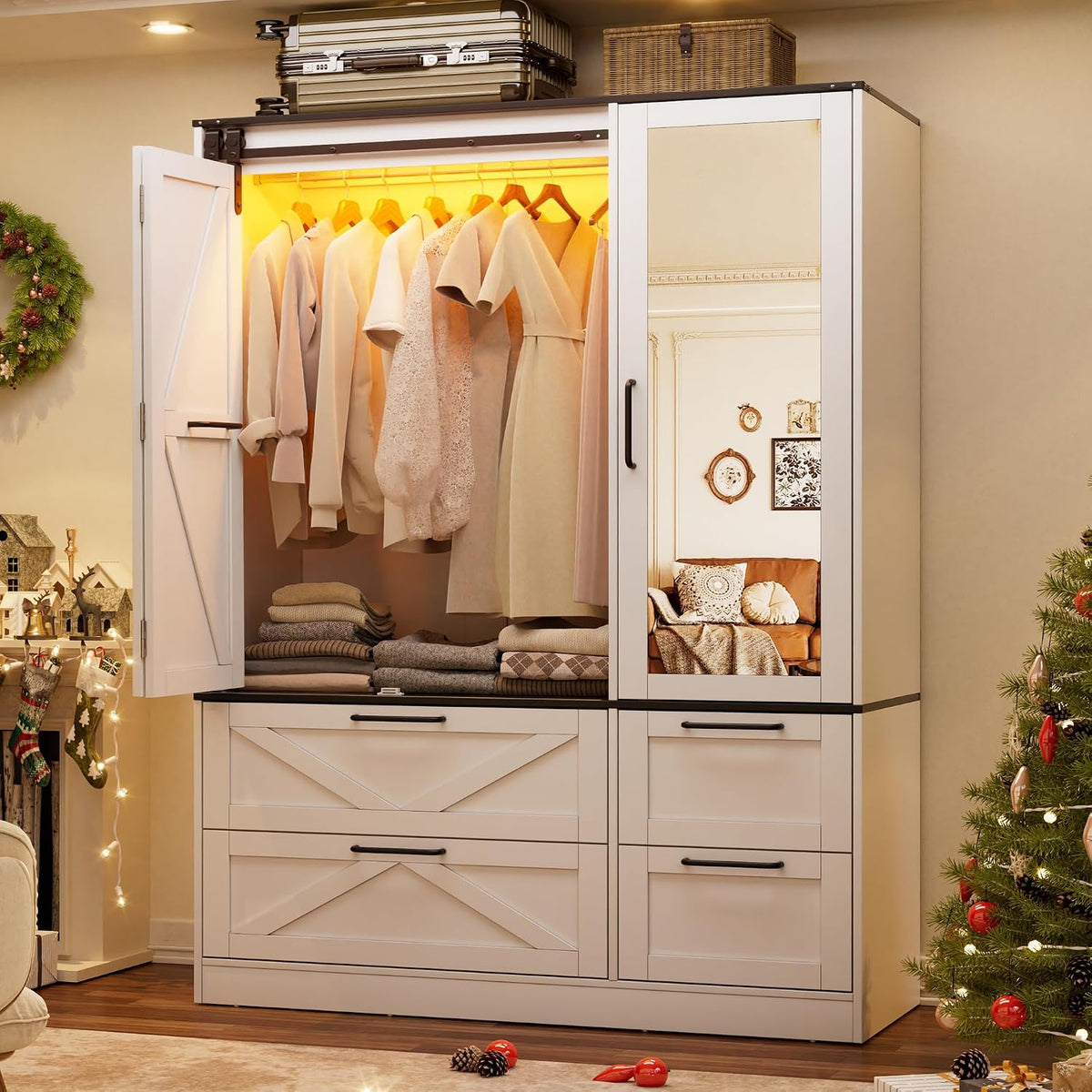 PAKASEPT Armoire Wardrobe Closet with w/Folding Sliding Barn Door