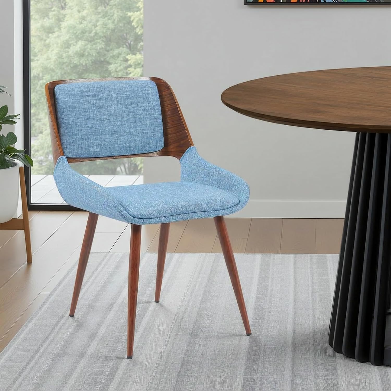 Armen Living Panda Mid-Century Upholstered Dining Chair in Walnut Finish with Light Blue Fabric Seat