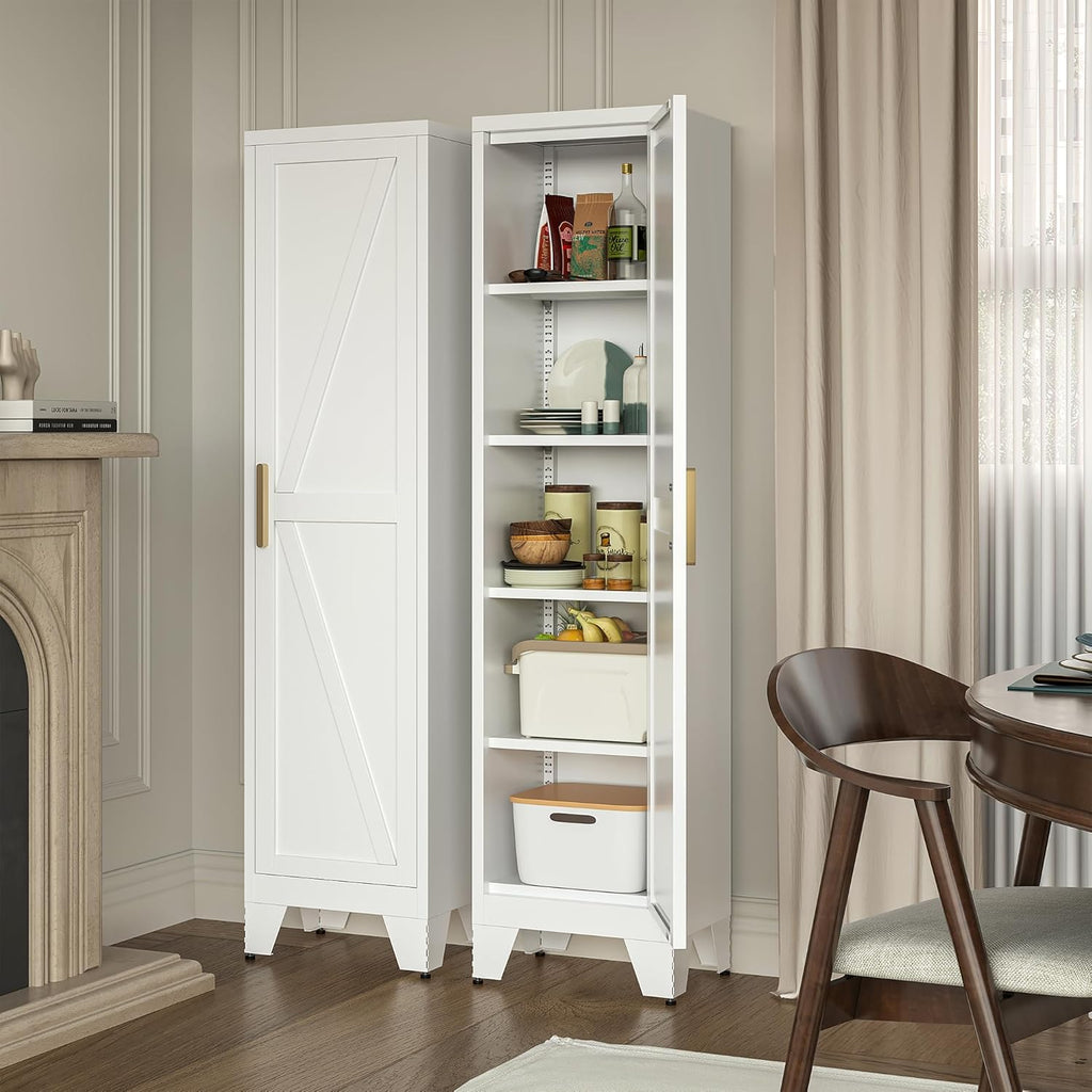 LCAOPC 67" Tall Narrow Bathroom Metal Storage Cabinet with 4 Adjustable Shelves, Freestanding 5 Tier Slim Pantry Storage Cabinet for Small Space, White