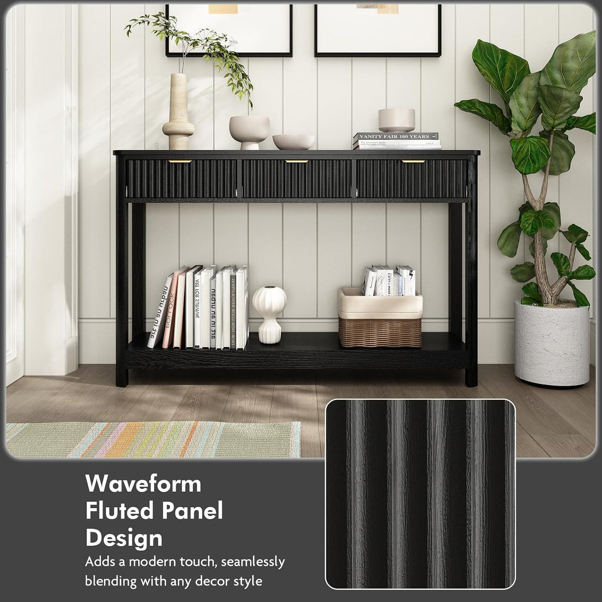 HOKYHOKY Fluted Console Table with Drawers, Modern 47.1" Entryway Table with Storage Shelf, Boho Narrow Skinny Behind Couch Wood Sofa Table for Living Room Hallway Entrance Foyer, Black
