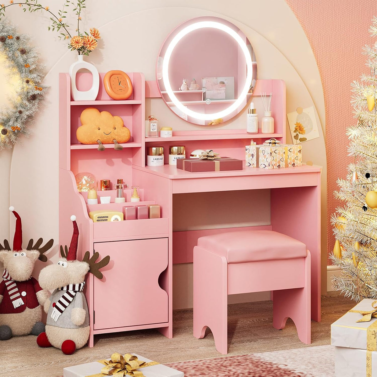 Vabches Kids Vanity with Lights, Toddler Vanity Table and Chair Set | Princess Makeup Vanity Desk with Open Bookshelf, Storage Cabinet & Shelves, Pretend Play Vanity Set for Little Girls, Pink
