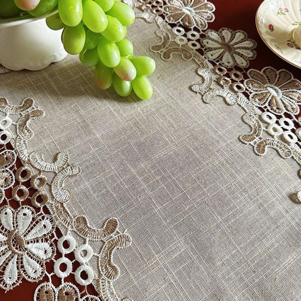 European Style Linen Runner Table with Lace Trim for Home Tables, Rectangular Shape, Suitable for Dining Room and Decoration (40 x 80 cm)
