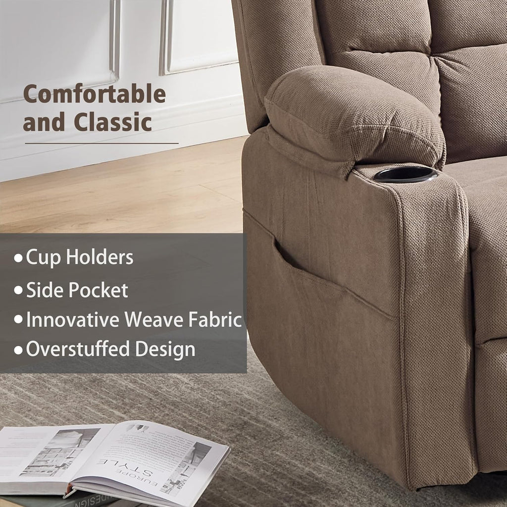 Ketaiyou Rocker Swivel Recliner Chair for Adults, Overstuffed Manual Recliner Glider with Massage and Heat, Comfy Soft Fabric Living Room Reclining Sofa Chair (Coffee2)