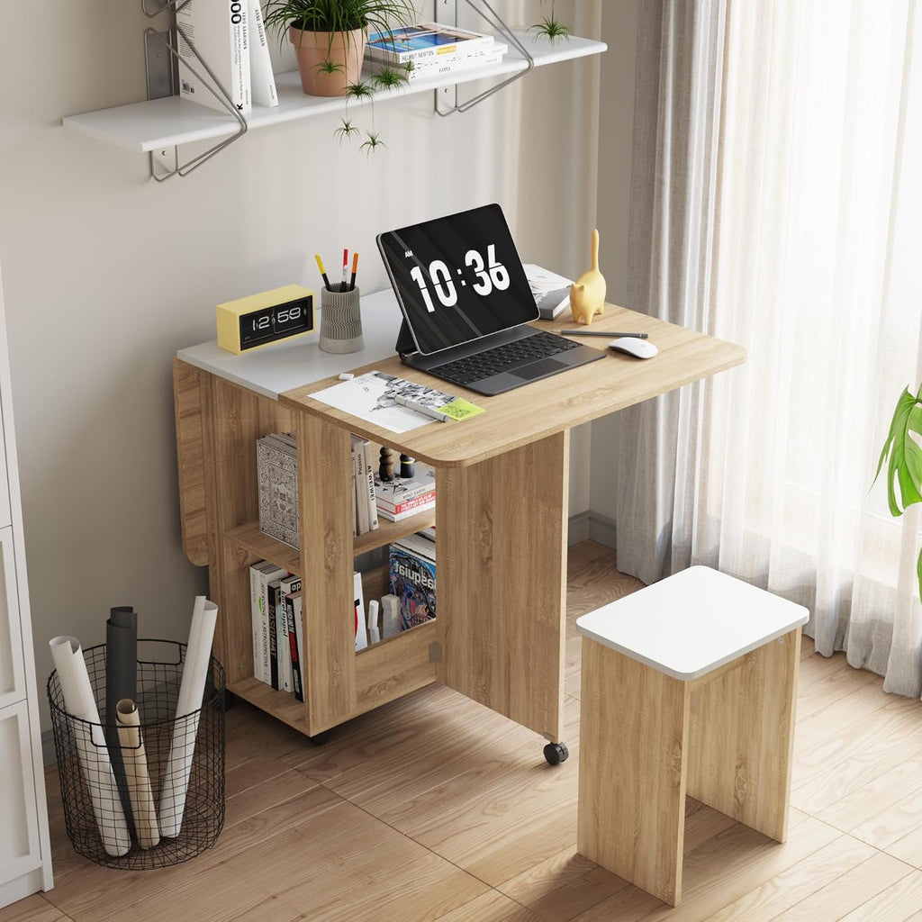 Mondeer Folding Dining Table with 4 Chairs for Small Spaces, Natural Wood | Drop Leaf Table and Chairs for Small Spaces, Folding Dining with Storage Shelf and Wheels for Kitchen Dining Room