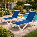Kozyard Outdoor Chaise Lounge Chair, Full Flat Adjustable Patio Lounger with Aluminum Frame & Resin Legs, Textilene Fabric for Poolside, Backyard & Beach (Blue, 2Chairs + Table)