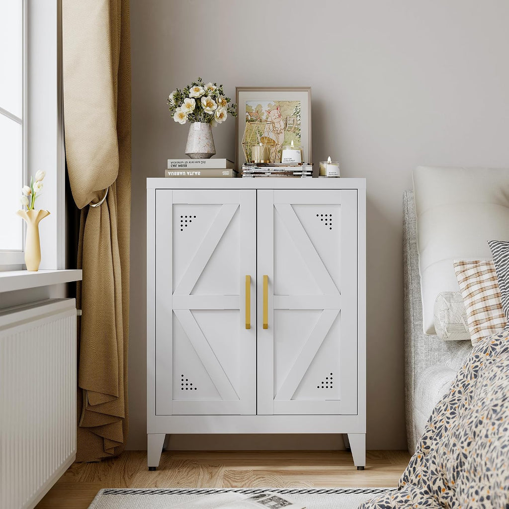 32" Metal Bathroom Storage Cabinet,Floor Storage Cabinet with 2 Doors and 2 Adjustable Shelves,Freestanding Sideboard for Small Spaces, Hallway, Dining Room,White