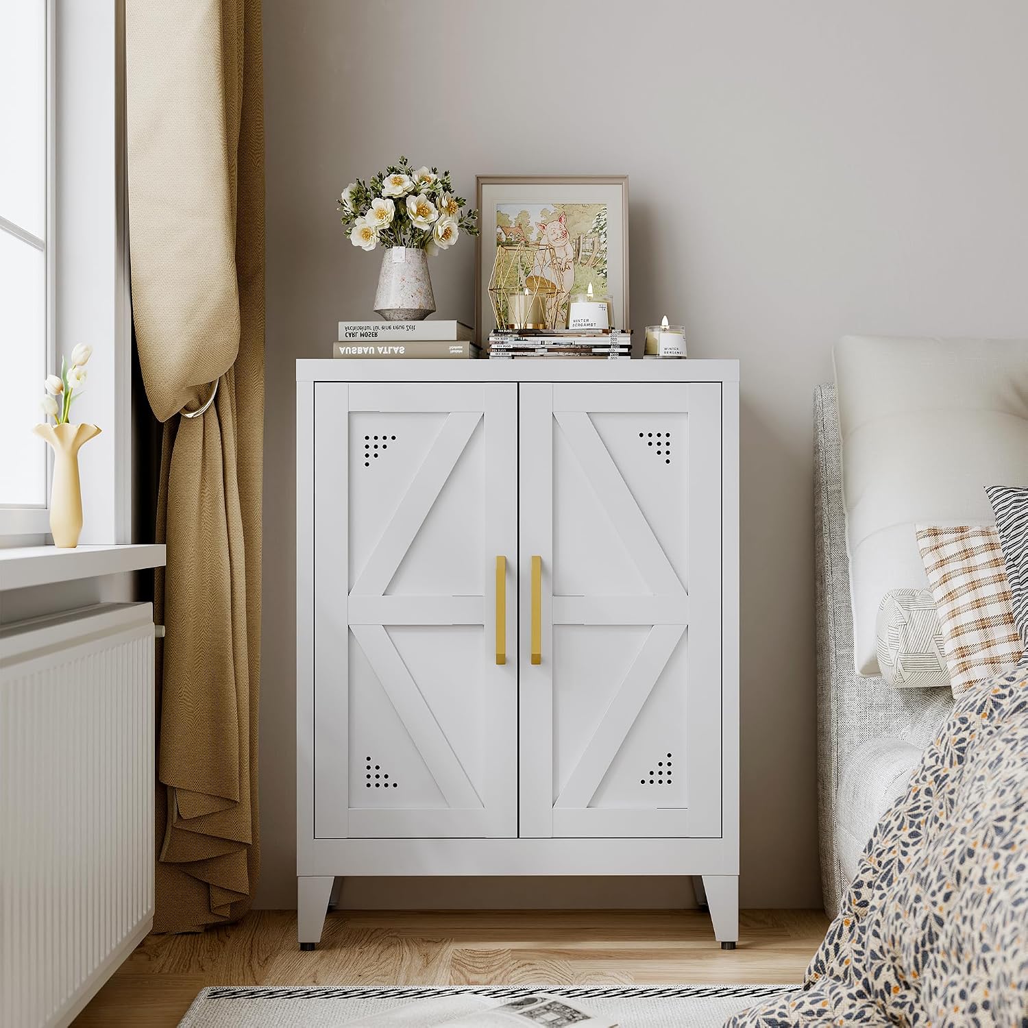 32" Metal Bathroom Storage Cabinet,Floor Storage Cabinet with 2 Doors and 2 Adjustable Shelves,Freestanding Sideboard for Small Spaces, Hallway, Dining Room,White
