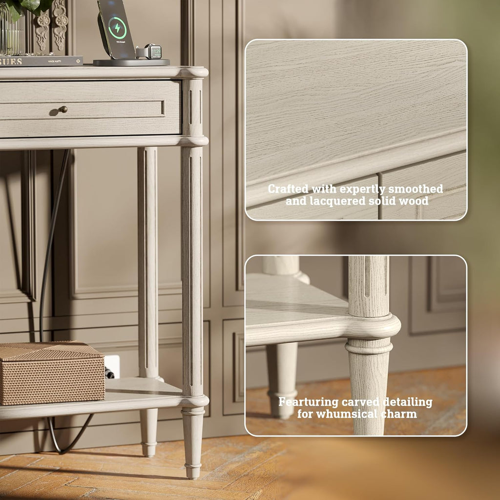 Solid Wood Console Table for Entryway with Charging Station,Retro Entryway Table with 2 Drawers-Easiest Assembly,Sofa Table with Bottom Shelf,Narrow Long Couch Table Behind Sofa for Living Room,Foyer